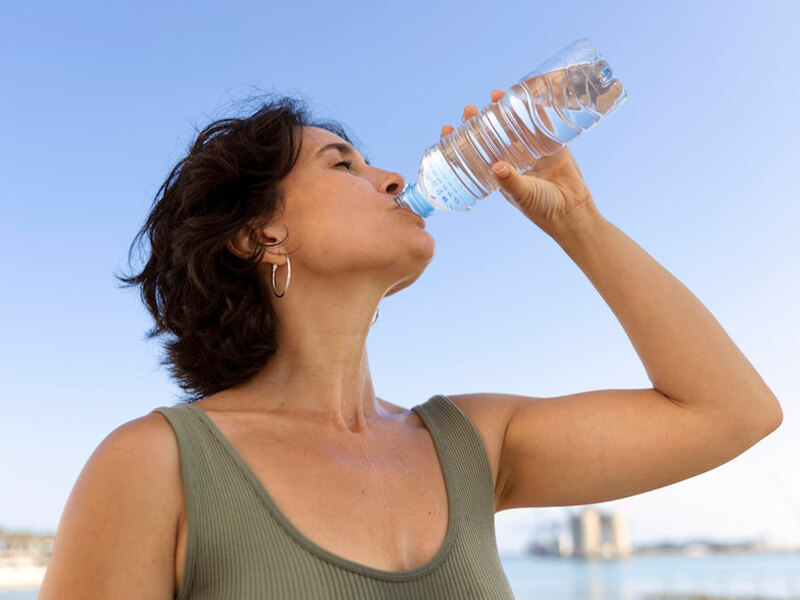 mulher bebendo água em uma garrafa